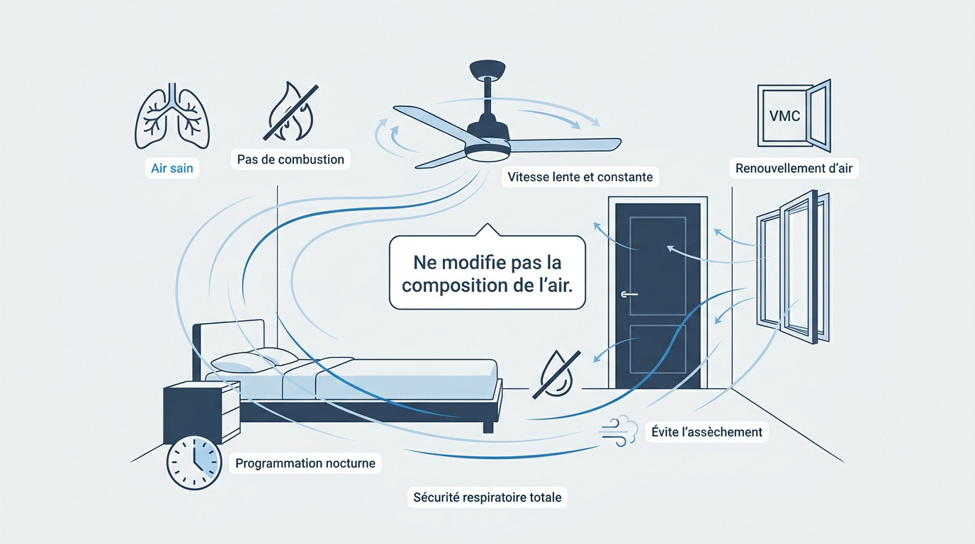 Ventilateur de plafond en bois tournant dans une chambre à coucher pour un confort nocturne sain