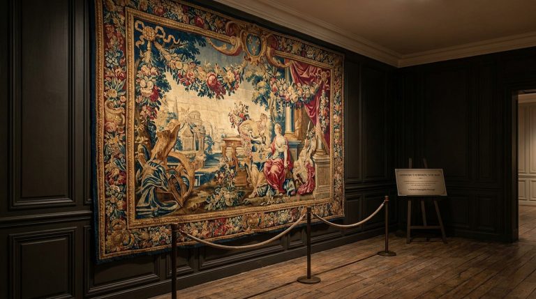 Grande tapisserie d'Aubusson colorée, scène de figures classiques et flore luxuriante, sur mur sombre. UNESCO patrimoine.