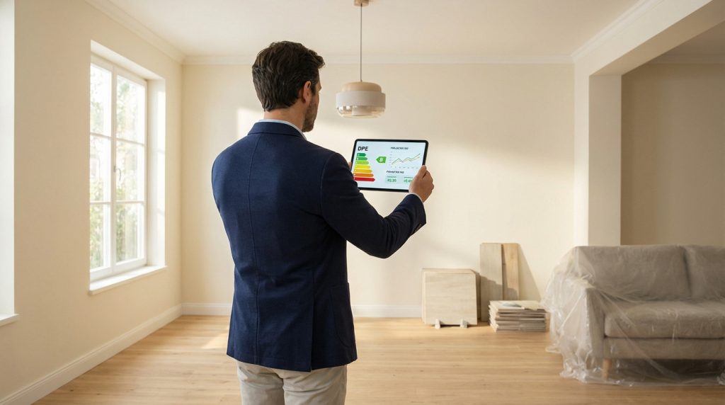 Un homme analyse le DPE d'un bien immobilier vide sur sa tablette, avec un canapé bâché en arrière-plan.