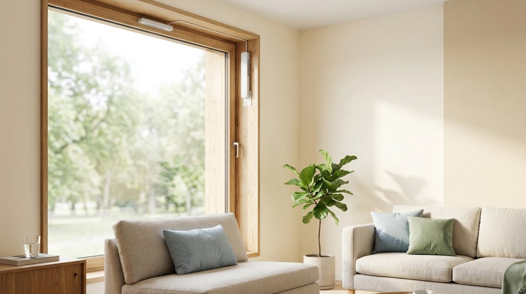 Salon moderne avec grande fenêtre en bois, canapés clairs, plante. Capteurs blancs pour aération sans percer sur le cadre.