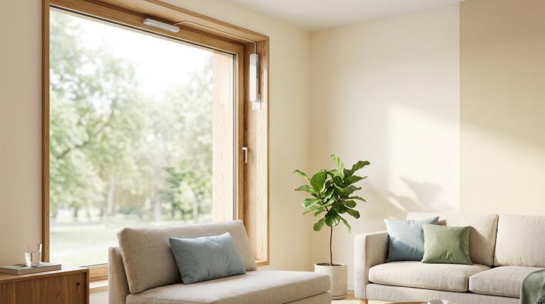 Salon moderne avec grande fenêtre en bois, canapés clairs, plante. Capteurs blancs pour aération sans percer sur le cadre.