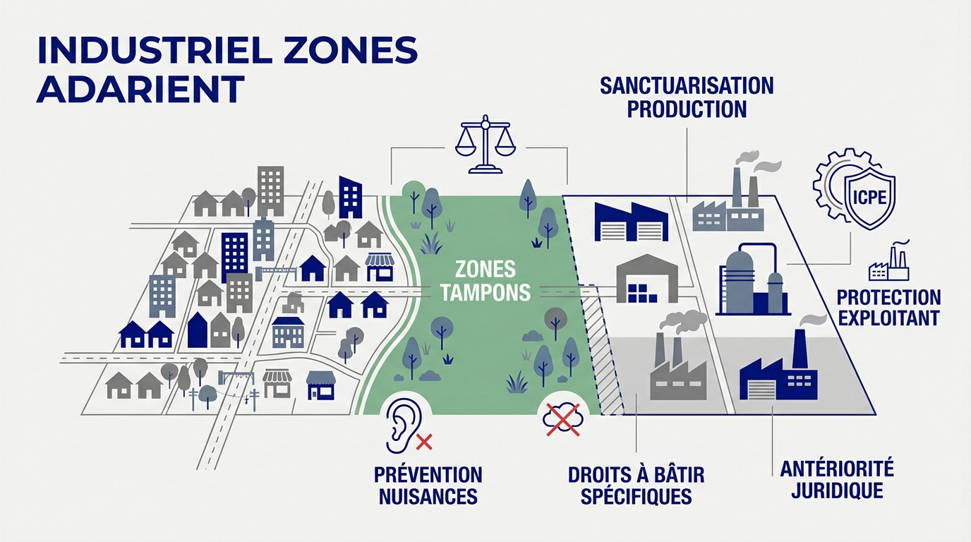 Représentation d'une zone industrielle structurée avec ses infrastructures et ses espaces tampons environnementaux