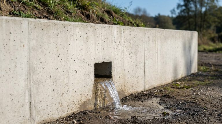 Mur de soutènement en béton avec une barbacane carrée d'où s'écoule de l'eau sur un sol terreux. L'herbe pousse sur la butte.