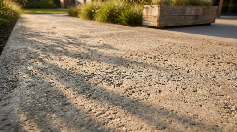 Gros plan sur un chemin en béton bouchardé beige avec une texture rugueuse, éclairé par le soleil et des ombres.