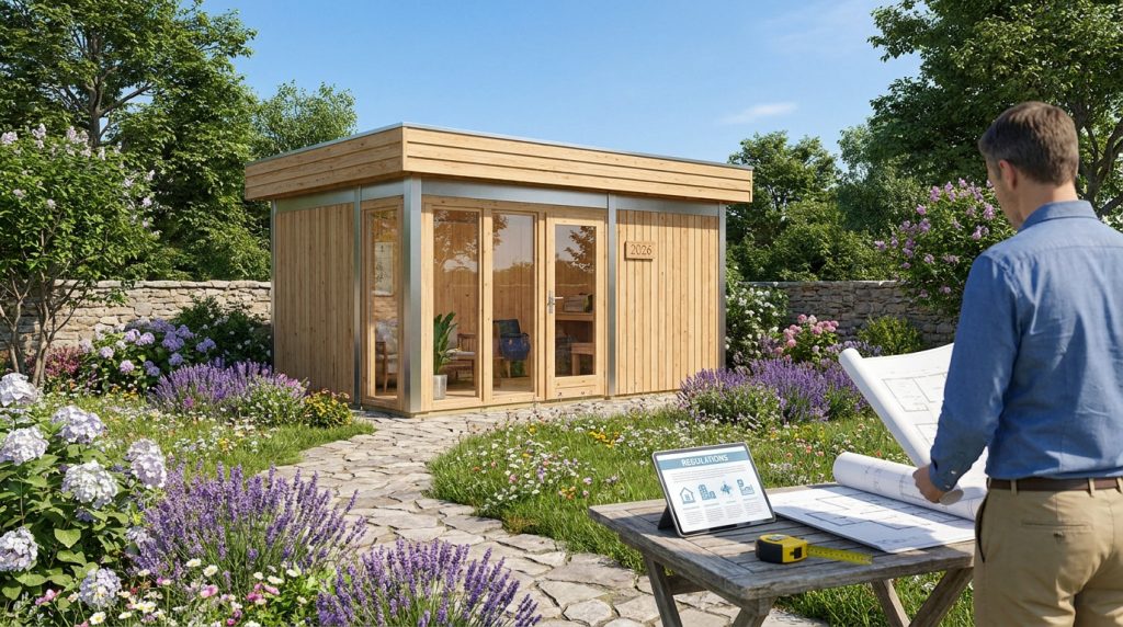 Un homme examine des plans de cabanon de jardin sur une table, avec une tablette affichant des réglementations, face à un cabanon moderne en bois dans un jardin fleuri.
