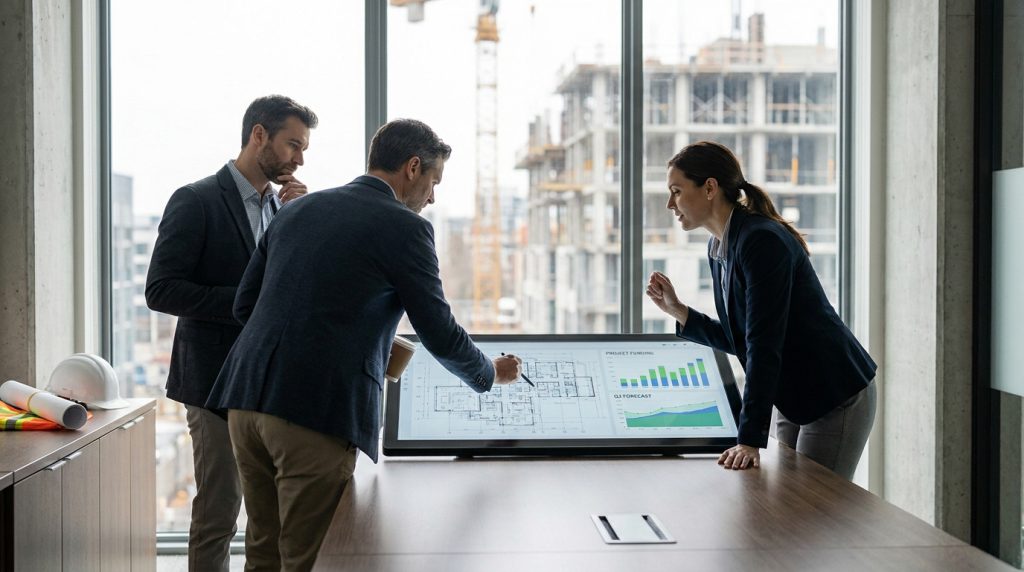 Trois professionnels du BTP examinent des plans et données financières sur un écran tactile, avec un chantier en arrière-plan.