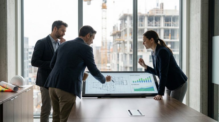 Trois professionnels du BTP examinent des plans et données financières sur un écran tactile, avec un chantier en arrière-plan.