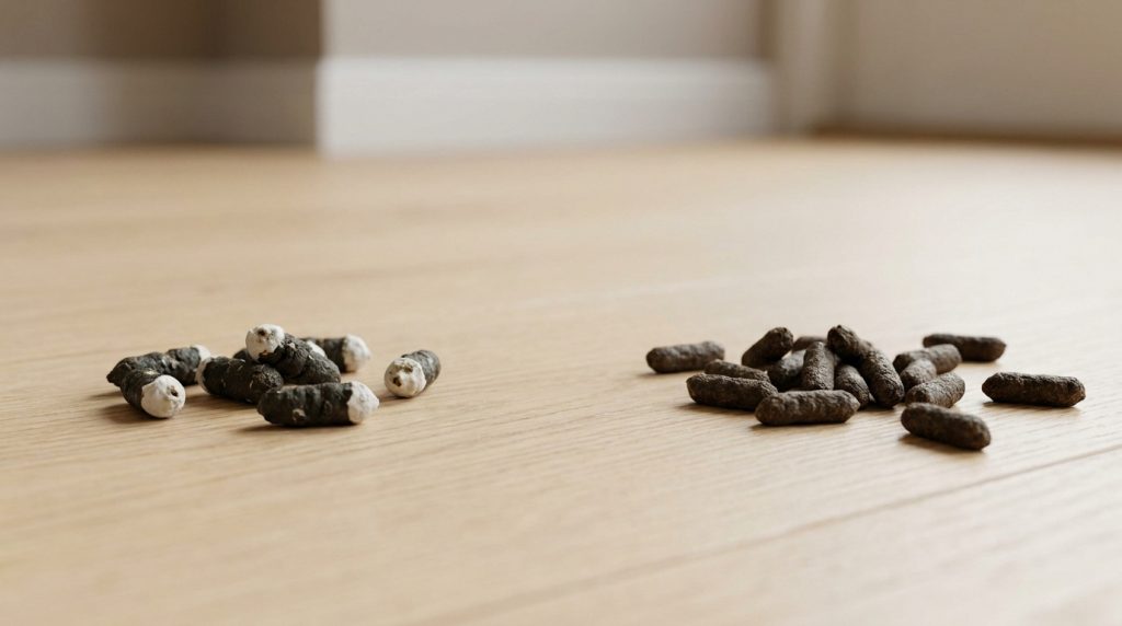 Deux tas de crottes sur un plancher en bois clair. À gauche, des crottes de gecko avec une extrémité blanche. À droite, des crottes de souris uniformes et granuleuses.