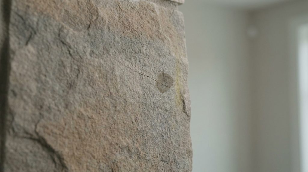 Surface texturée de feuille de pierre grise et beige, avec une fine fissure horizontale et une tache sombre circulaire. Arrière-plan flou.
