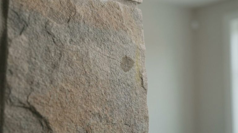 Surface texturée de feuille de pierre grise et beige, avec une fine fissure horizontale et une tache sombre circulaire. Arrière-plan flou.