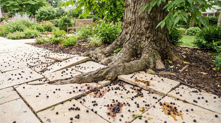 Chemin de jardin en dalles soulevées par les racines d'un grand arbre, couvert de baies noires écrasées et de taches.