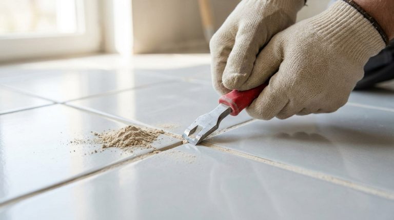 Gros plan sur des mains gantées utilisant un outil pour retirer un joint de carrelage sec, laissant des débris sur les carreaux clairs.