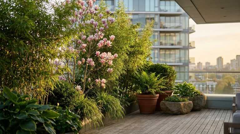 Balcon en bois avec brise-vue végétal luxuriant : bambou, magnolia en fleurs roses, fougères en pots. Vue urbaine en arrière-plan.