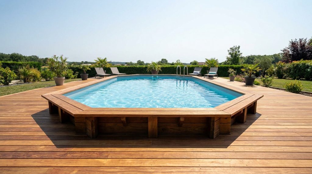 Piscine octogonale hors-sol avec liner bleu, intégrée à une large terrasse en bois clair. Transats, plantes et verdure sous un ciel ensoleillé.