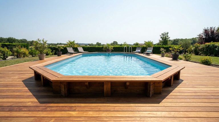 Piscine octogonale hors-sol avec liner bleu, intégrée à une large terrasse en bois clair. Transats, plantes et verdure sous un ciel ensoleillé.