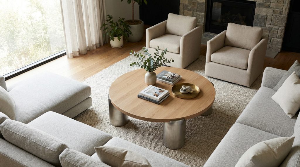 Vue aérienne d'un salon moderne et lumineux. Table basse ronde en bois, canapé sectionnel gris, deux fauteuils beiges, cheminée.