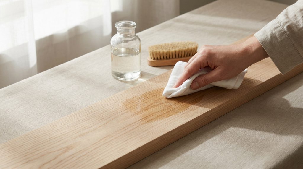 Une main applique un produit incolore sur du bois brut avec un chiffon blanc. Bouteille et brosse à poils naturels sur table.