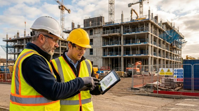 Deux ingénieurs en gilets de sécurité et casques examinant des plans sur une tablette numérique devant un chantier.