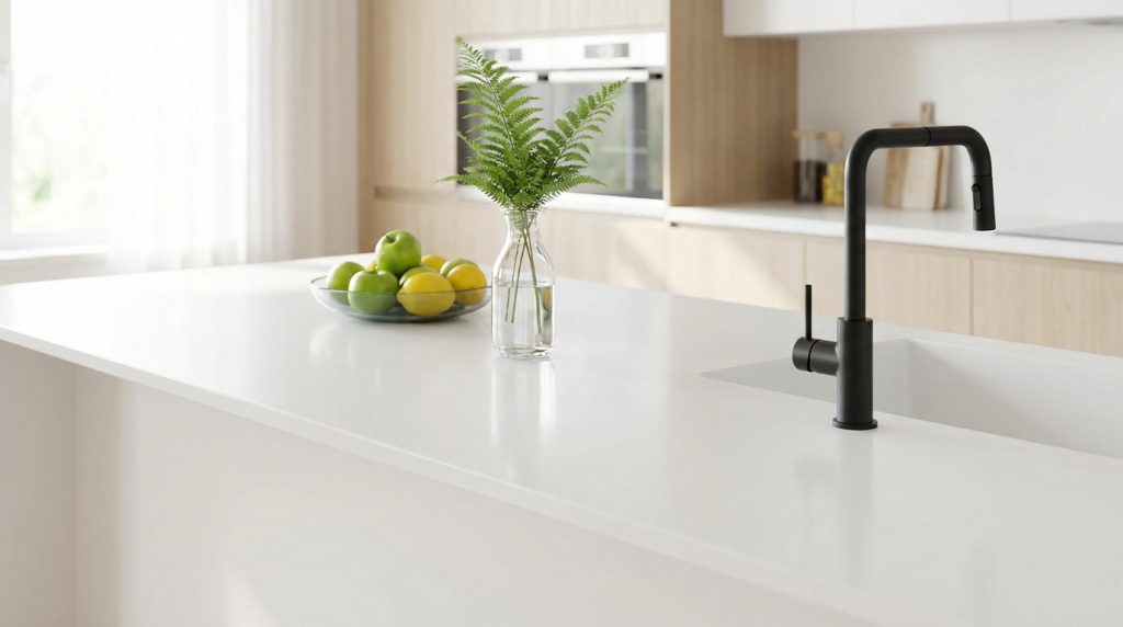 Îlot de cuisine moderne avec plan de travail blanc en Corian, robinet noir et bol de fruits sur fond en bois clair.