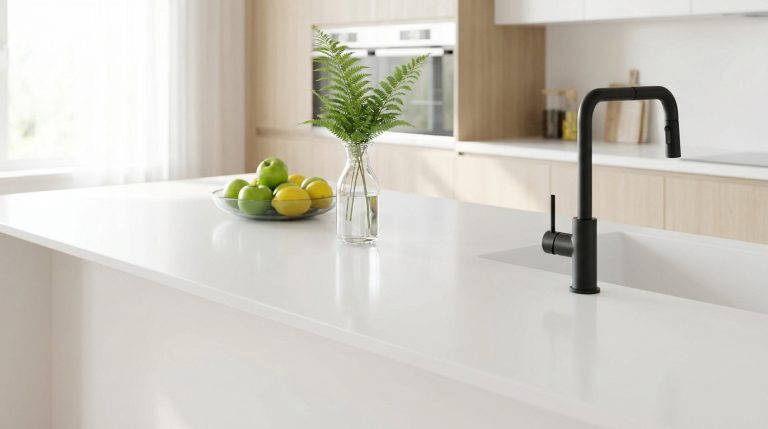 Îlot de cuisine moderne avec plan de travail blanc en Corian, robinet noir et bol de fruits sur fond en bois clair.