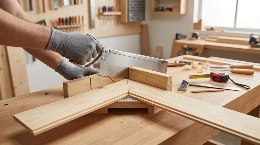 Un artisan porte des gants et utilise une scie à dos avec une boîte à onglets pour couper une plinthe en bois.