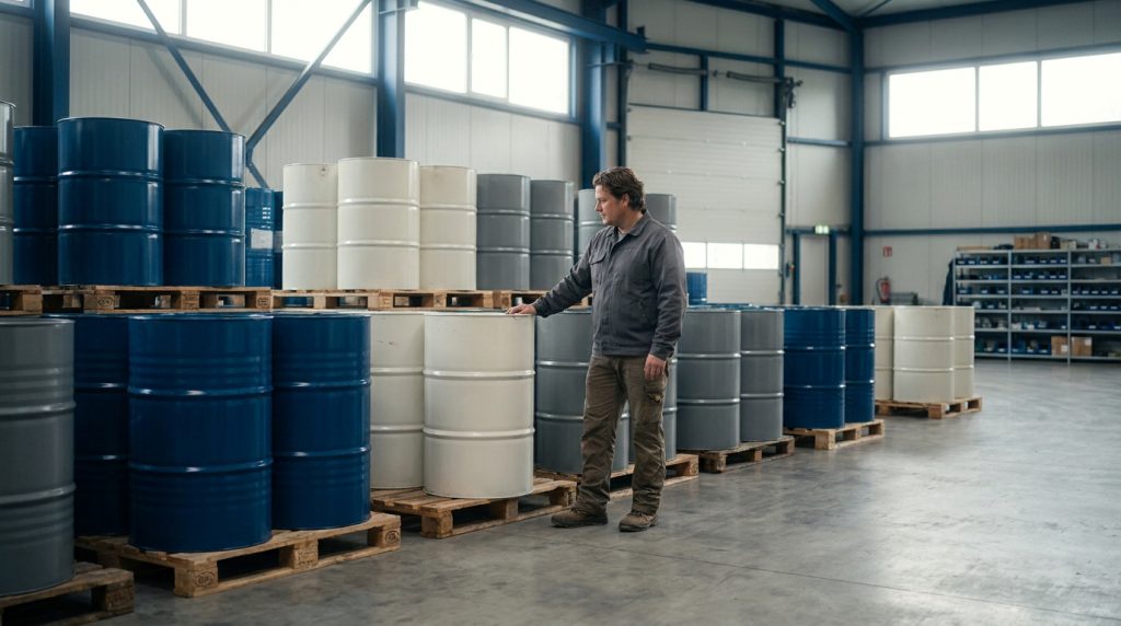 Un homme examine des fûts industriels de 200 litres stockés sur des palettes dans un grand entrepôt lumineux.