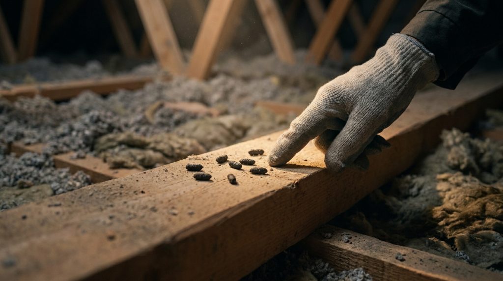 Une main gantée montre de petites crottes noires sur une poutre en bois dans des combles isolés.