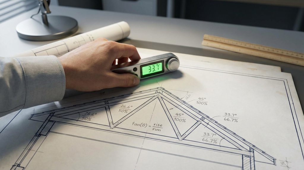 Une main utilisant un inclinomètre numérique sur un plan de toiture montrant une inclinaison de 33,7 degrés.