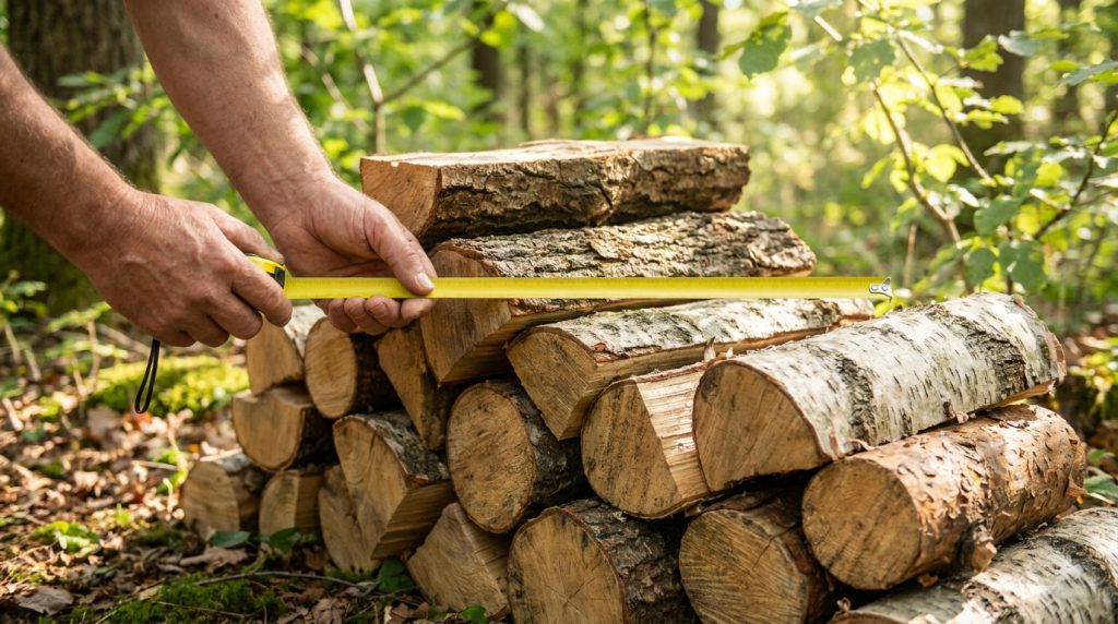 Mains mesurant une pile de bûches de bois avec un mètre ruban jaune dans une forêt.