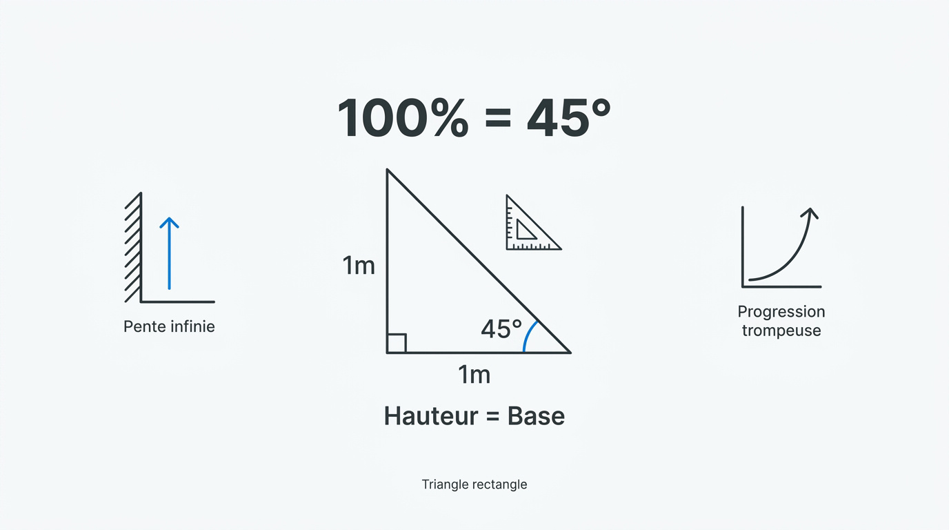 Schéma explicatif montrant une pente de 100 pour cent équivalente à un angle de 45 degrés