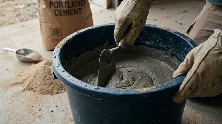 Ouvrier portant des gants de protection mélangeant du mortier dans un seau noir avec une truelle.