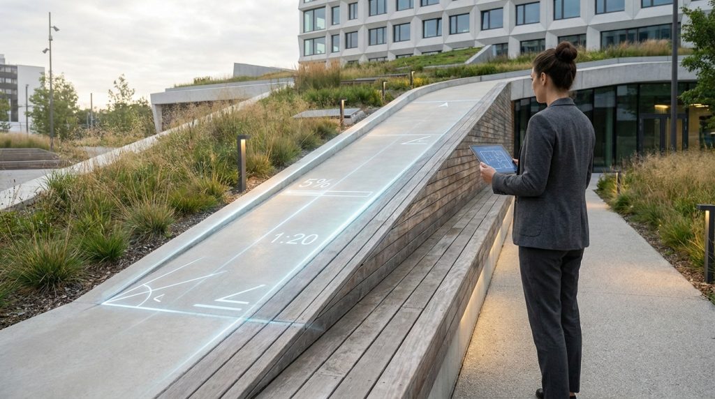 Une architecte observe une rampe extérieure avec des mesures holographiques affichant 5 % et 1:20.