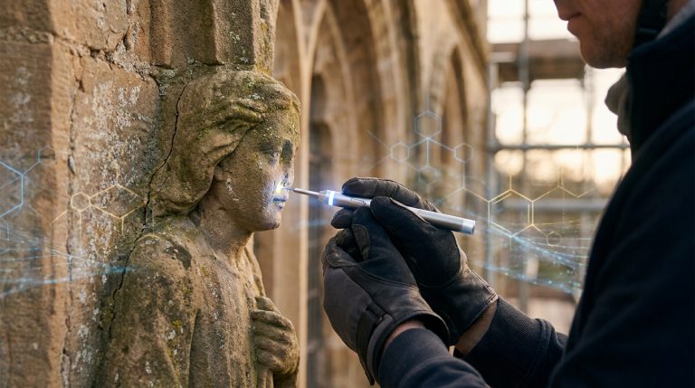 Un expert analyse une statue ancienne en pierre avec un outil de précision numérique.