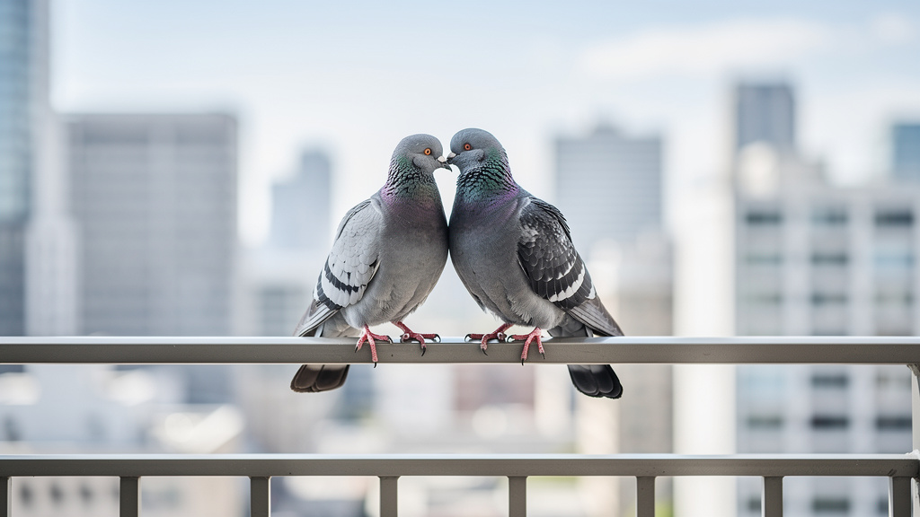 Couple de pigeons perchés sur une rambarde de balcon en ville