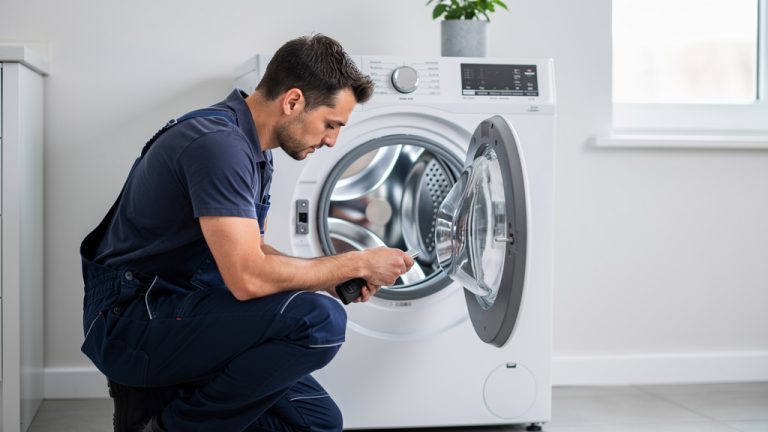 technicien inspectant le tambour d un lave linge