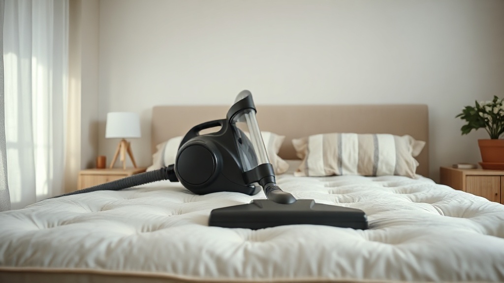 aspirateur passant sur un matelas blanc gros plan