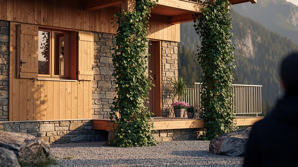 Façade de maison bois associant pierre et végétation grimpante en montagne