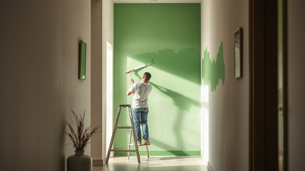 Personne appliquant une peinture vert sauge dans un couloir d'entrée