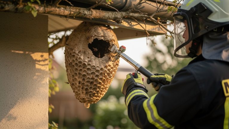 pompier en combinaison retirant un nid de frelons