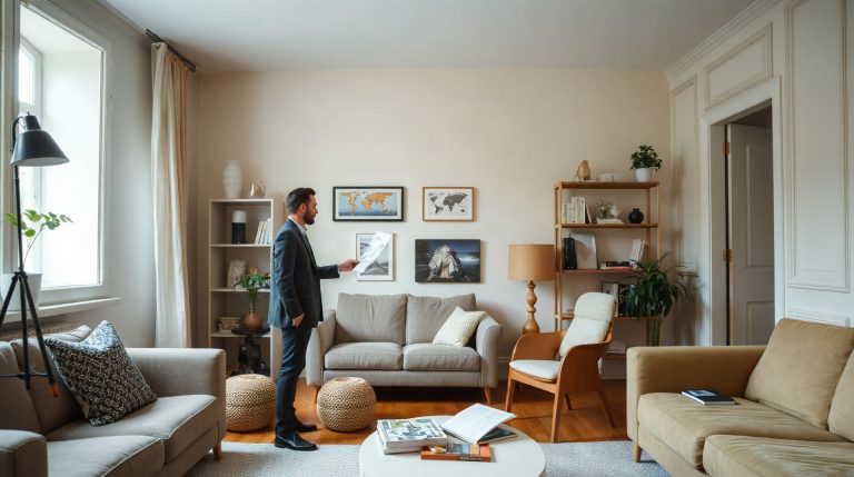 Architecte d'intérieur présentant des plans à des clients dans un appartement vide en rénovation