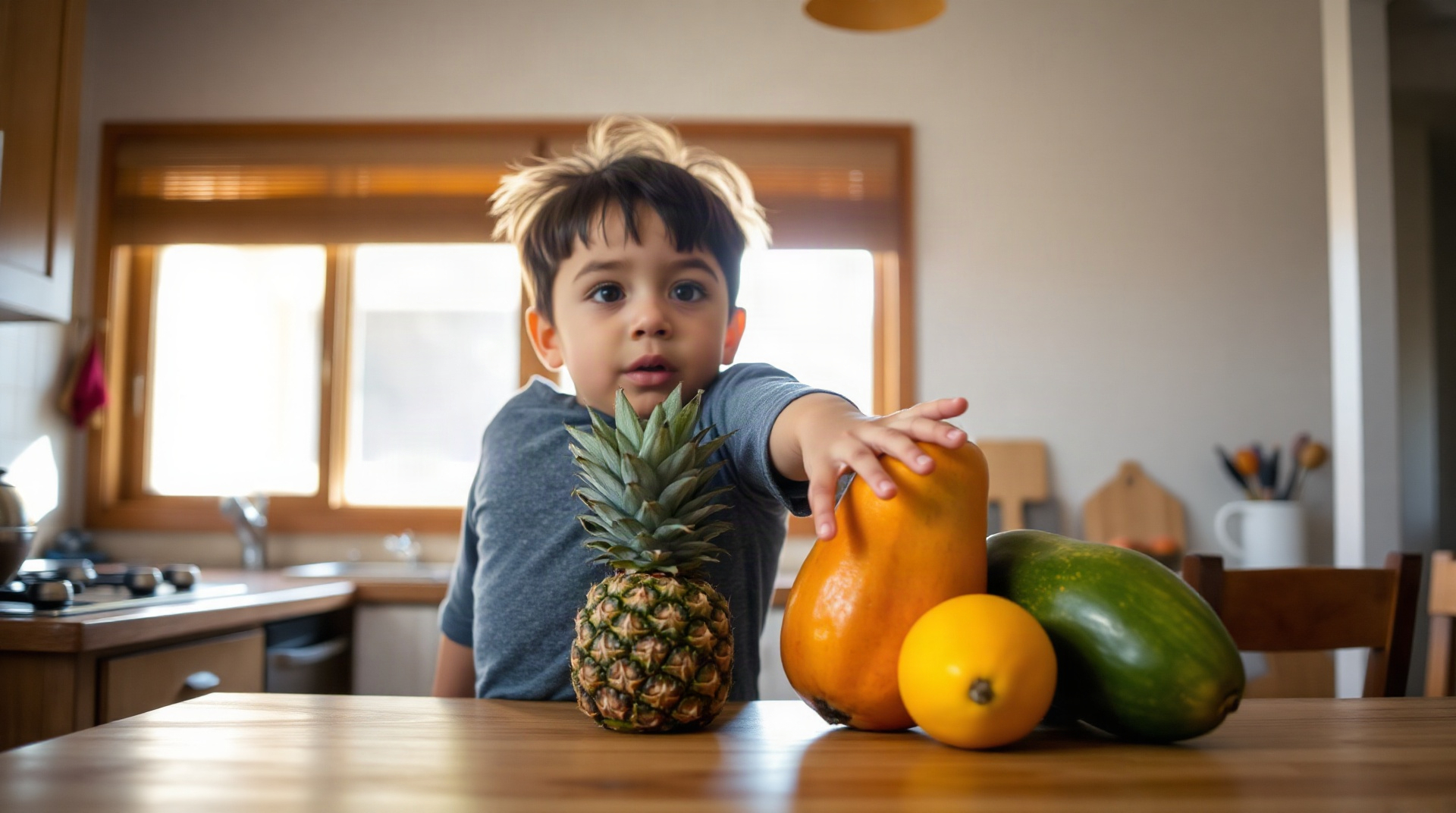 Enfant découvrant des fruits tropicaux