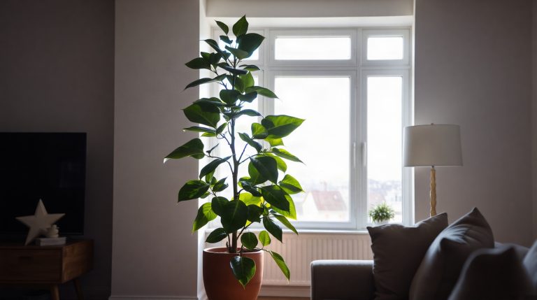 Ficus elastica robusta près d'une fenêtre lumineuse