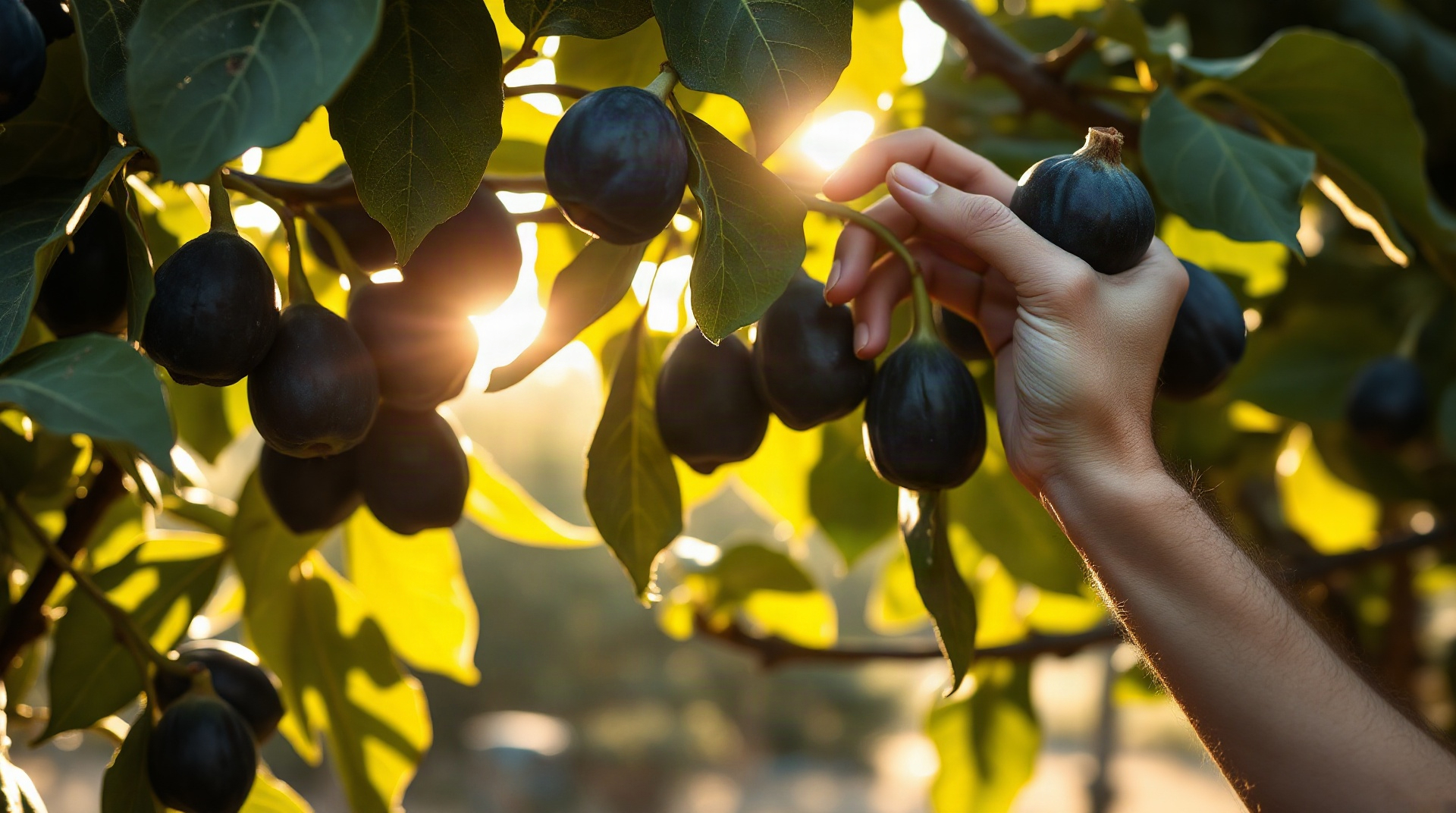 Mains récoltant des figues noires mûres sur un figuier