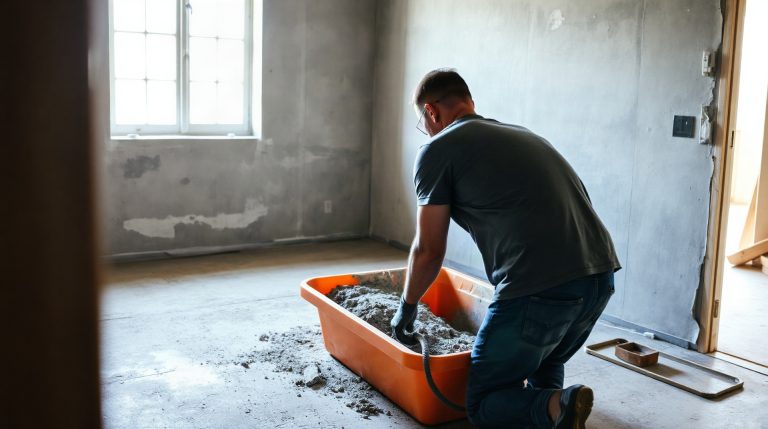 Ouvrier mélangeant du mortier dans une auge sur un chantier