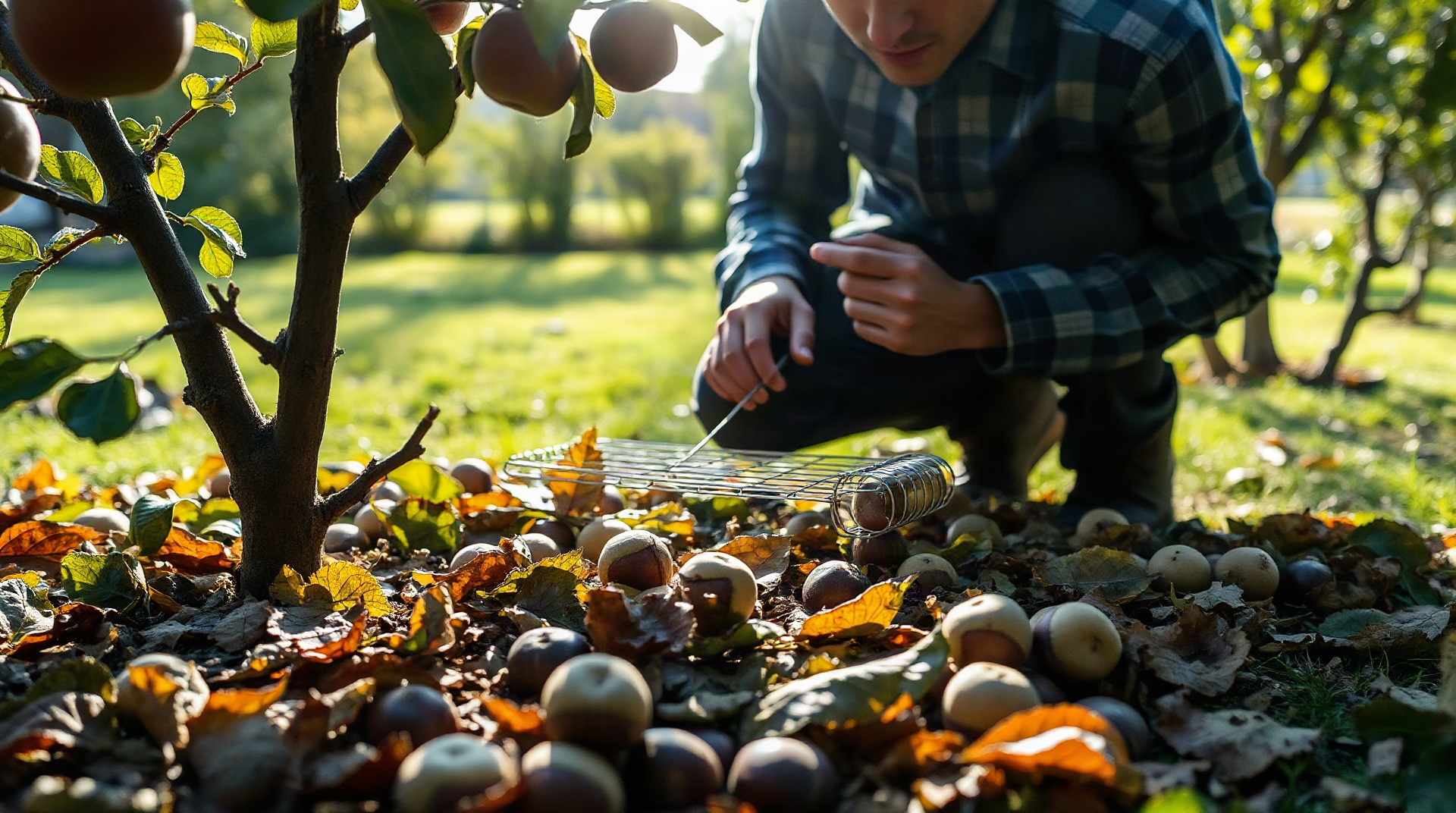 Pose d'un piège vivant pour loir dans un jardin