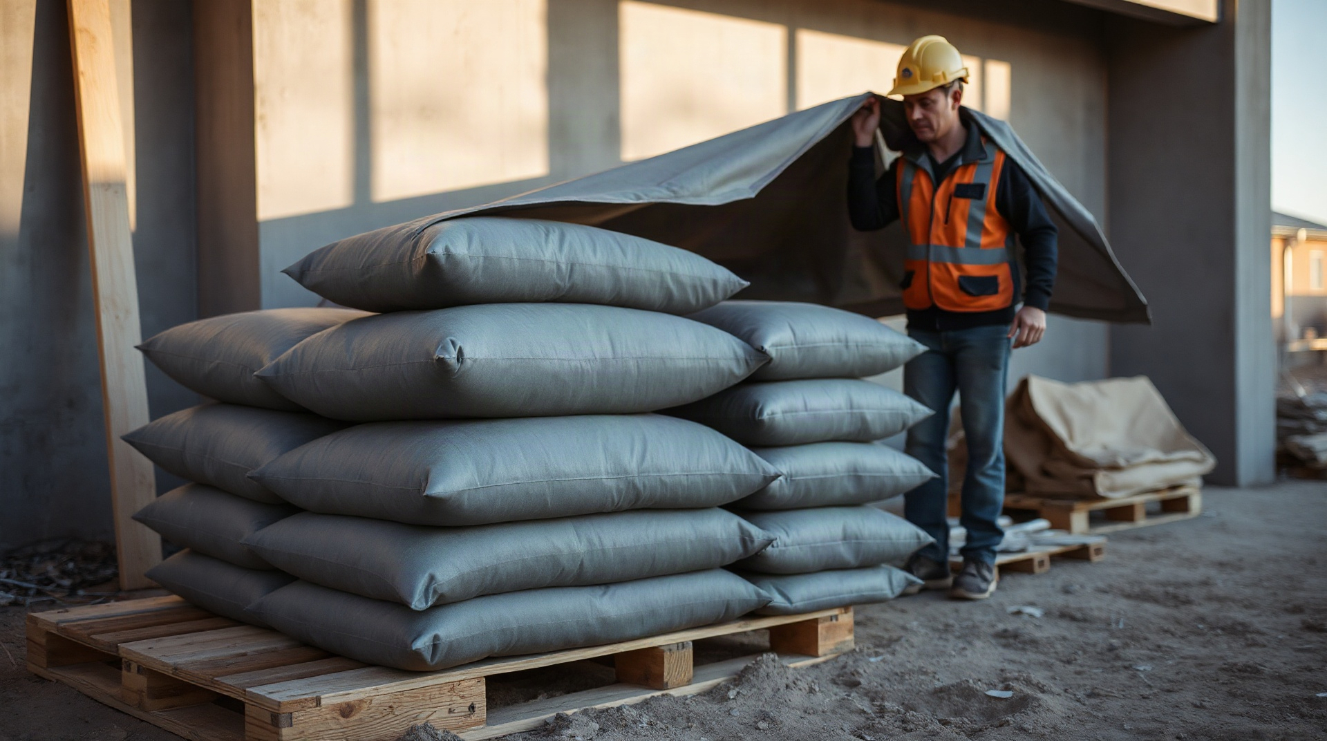Sacs de mortier empilés sur une palette de chantier