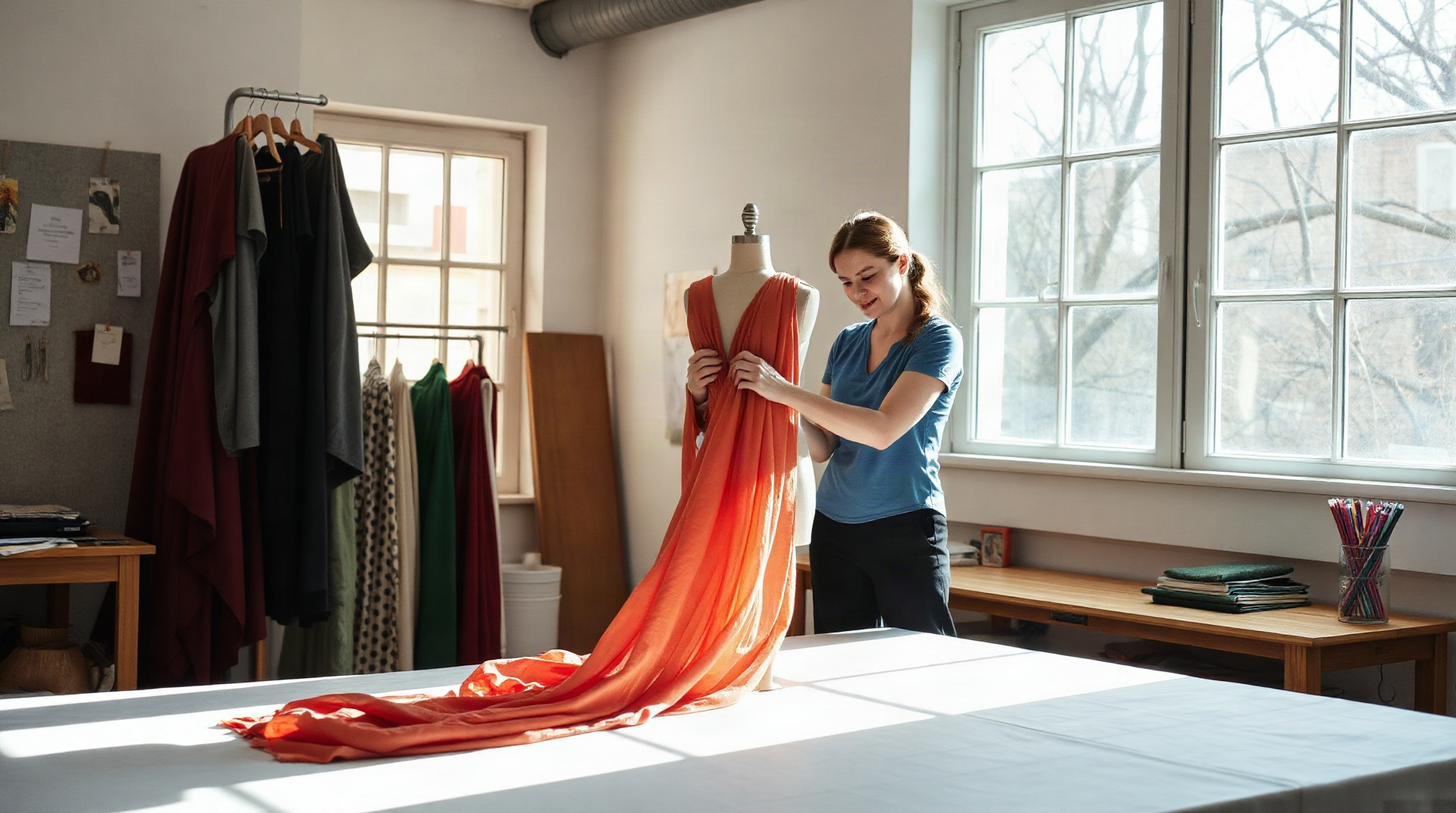 Atelier de stylisme avec des toiles et des croquis de mode épinglés au mur