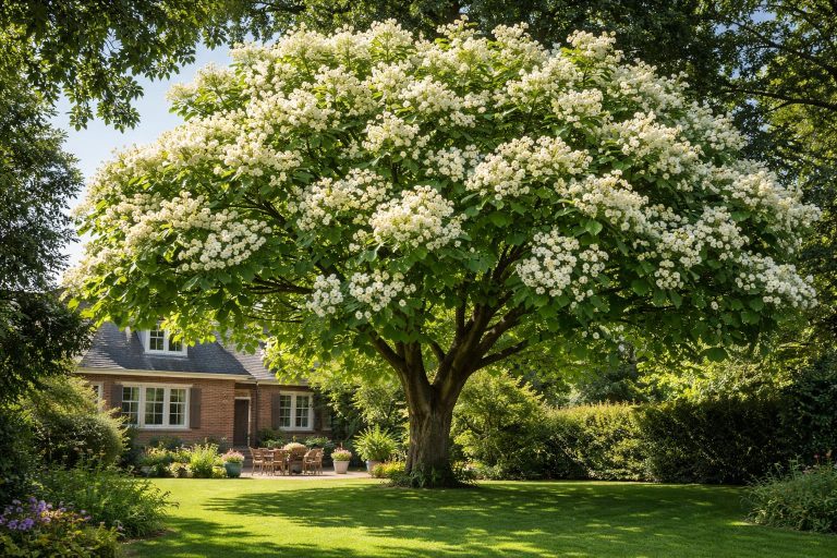 Catalpa en fleurs dans un jardin de maison individuelle