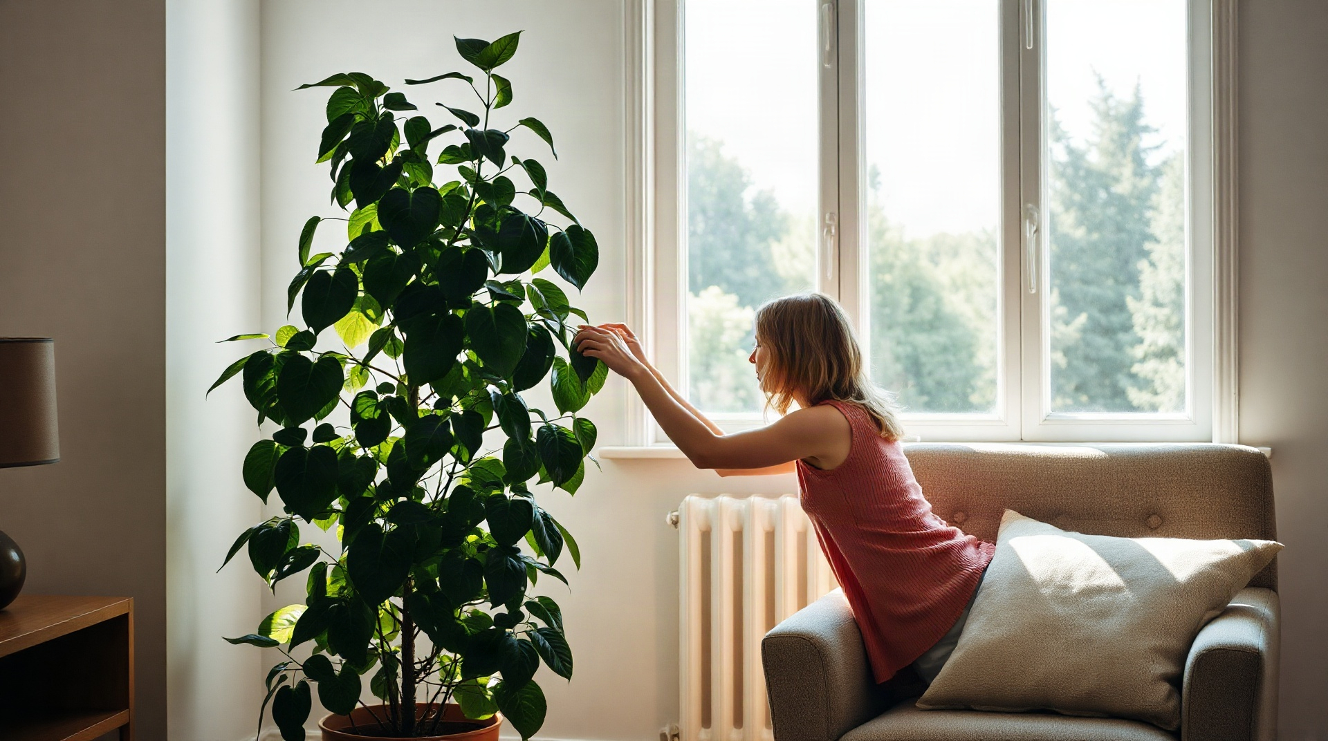 Ficus en pot placé près d'une grande fenêtre lumineuse dans un salon