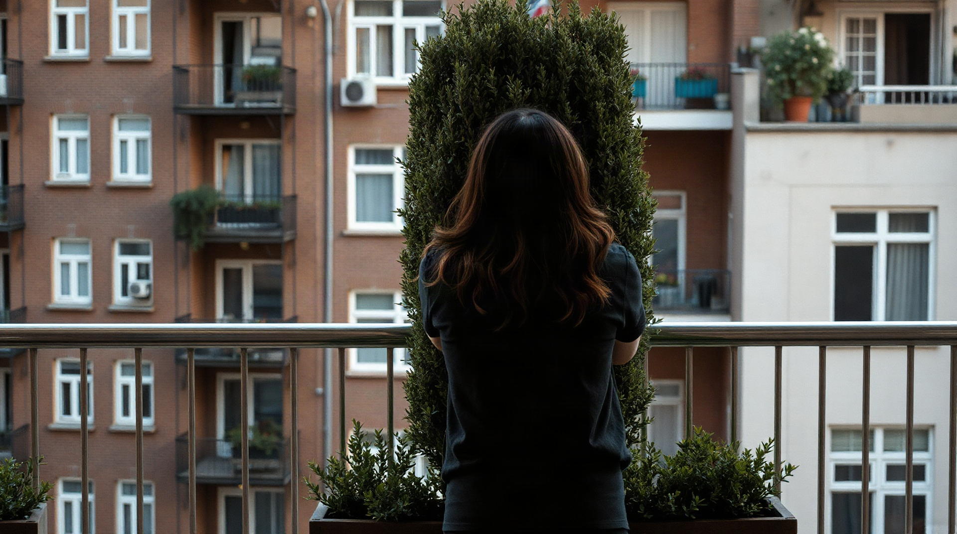 Haie de laurier palme en bac sur un balcon urbain